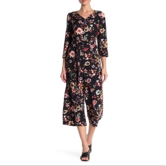 ECI Pants - ECI Floral Print Waist Tie Jumpsuit Blk Multi 14
